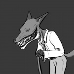 4_fingers anthro belt biped bottomwear cane claws clothed clothing creepy dress_shirt fingers fully_clothed fur half-closed_eyes hands_together male narrowed_eyes necktie nightmare_fuel pants sharp_teeth shirt simple_background smile solo standing tail teeth topwear oniontrain ruby_quest red_(rq) canid canine fox mammal 1:1 greyscale monochrome portrait three-quarter_portrait