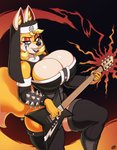 2021 5_fingers amber_eyes anthro armband armwear big_breasts black_nose blonde_hair breasts canid canine cleavage clothed clothing daxzor digital_media_(artwork) female fingers fox guitar hair hi_res holding_musical_instrument holding_object inner_ear_fluff legwear looking_at_viewer mammal musical_instrument nun plucked_string_instrument signature solo spiked_armband spikes string_instrument thick_thighs tuft