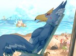 anthro athletic athletic_anthro athletic_male beach beach_chair beak biped blue_body blue_feathers blurred_background feathers group male nude_anthro nude_male sea sleeping solo_focus water yellow_beak young young_anthro chikichikitaron breath_of_the_wild nintendo the_legend_of_zelda revali teba_(tloz) tulin_(tloz) avian bird 2024 hi_res