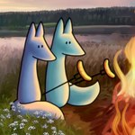 1:1 2023 ambiguous_gender blue_fox_(foxes_in_love) campfire canid canine cooking cutlery detailed_background digital_media_(artwork) digital_painting_(artwork) duo feral fire flower food fork fox foxes_in_love grass green_fox_(foxes_in_love) hi_res kitchen_utensils male_(lore) mammal meadow meat outside plant prick_ears sausage shaded simple_eyes sky tail toivo_kaartinen tools trans_(lore) trans_man_(lore) tree