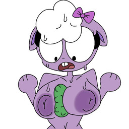 anthro bodily_fluids breasts buckteeth duo embarrassed embarrassing_nudity female food nipples pickle_(food) solo sweat teeth cassidydemonic happy_tree_friends lammy_(htf) mr._pickels_(htf) bovid caprine humanoid mammal sheep