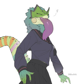 5_fingers anthro anthrofied asian_clothing big_tongue black_bottomwear black_clothing black_skirt blue_clothing blue_shirt blue_topwear bottomwear clothed clothed_anthro clothed_female clothing east_asian_clothing eyebrows eyelashes eyes_closed female female_anthro fingernails fingers forked_tongue fully_clothed fully_clothed_anthro fully_clothed_female fur green_body green_fur japanese_clothing japanese_school_uniform mouth_closed multicolored_body multicolored_tail musical_symbol nails purple_tongue school_uniform serafuku shirt simple_background skirt solo spiked_tail spikes spikes_(anatomy) standing symbol tail tan_body text thick_tail tongue tongue_out topwear uniform white_background ggnn_(artist) capcom monster_hunter bird_wyvern pukei-pukei scalie 2025 artist_name digital_media_(artwork) flat_colors hi_res portrait three-quarter_portrait