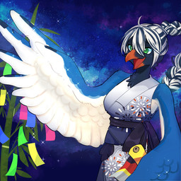 anthro beak black_body black_feathers blue_body blue_feathers breasts cheek_tuft clothing costume detailed_background dress facial_tuft feathers female green_eyes hair happy holding_out_hand neck_tuft open_mouth ponytail raised_wings simple_background small_breasts smile solo standing star stripes tuft white_body white_feathers wings urotori cissa_(idorrth) avian bird 1:1 digital_media_(artwork) half-length_portrait hi_res portrait