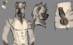 2016 anthro balls colored_sketch digital_media_(artwork) erection facial_piercing genitals grin hi_res humanoid_genitalia humanoid_penis hyena male mammal model_sheet muscular muscular_anthro muscular_male neck_tuft nose_piercing penis piercing septum_piercing shit_eating_grin side_view sketch smile solo standing strawberrycucumber striped_hyena tuft tunnels