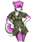 anthro breasts canid canine canis clothed clothing deja-blu domestic_dog female fur genitals husky low_res mammal military nordic_sled_dog pink_body pink_fur pinup pose pussy solo spitz tail uniform