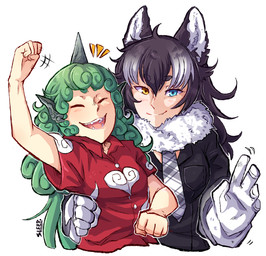 1_horn arm_around_waist black_clothing black_ears black_hair black_jacket black_topwear blue_eyes breasts clothed clothed_female clothed_humanoid clothing curly_hair duo eyes_closed female fur_collar gloves green_hair hair handwear heterochromia horn jacket looking_at_viewer open_mouth open_smile orange_eyes raised_arm red_clothing red_shirt red_topwear shirt short_sleeves simple_background smile topwear white_background white_clothing white_gloves white_handwear white_inner_ear sleep_(isliping) asian_mythology east_asian_mythology japanese_mythology kemono_friends mythology touhou aunn_komano grey_wolf_(kemono_friends) animal_humanoid canid canid_humanoid canine canine_humanoid foo_dog humanoid komainu mammal mammal_humanoid wolf_humanoid yokai 2020 absurd_res crossover half-length_portrait hi_res portrait