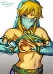 5_fingers armlet blonde_hair blue_eyes bracelet clothed clothing crossdressing femboy fingers gerudo_outfit gesture hair heart_gesture heart_symbol humanoid_pointy_ears jewelry male navel necklace nipples not_furry oppai_heart pointy_ears simple_background solo minacream breath_of_the_wild nintendo the_legend_of_zelda link humanoid hylian mammal 2017 digital_media_(artwork)