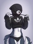 5_fingers anthro black_clothing black_nose black_panties black_underwear blep clothing countershade_torso countershading covered_eyes cropped_hoodie female fingers fur midriff navel panties pink_tongue simple_background solo tail tongue tongue_out underwear white_body white_fur yshanii canid canine canis mammal wolf 2024 digital_drawing_(artwork) digital_media_(artwork) hi_res portrait three-quarter_portrait