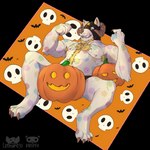 anthro armpit_hair blonde_hair body_hair food fruit hair holidays horn male nipples plant pumpkin solo tongue tongue_out white_body wrestler wrestling donlemurejo krepht halloween bovid caprine goat mammal 1:1 artist_collaboration hi_res