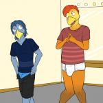 1:1 anthro avian bird blue_clothing blue_shirt blue_topwear blue_underwear bluebird briefs bulge chicken clothing duo fuze galliform gallus_(genus) hi_res inside johnny_(texnatsu) josh_oliver male maroon_shirt oscine passerine pattern_clothing pattern_shirt pattern_topwear phasianid shirt striped_clothing striped_shirt striped_topwear stripes texnatsu thrush_(bird) tighty_whities topwear underwear undressing white_briefs white_clothing white_underwear