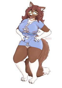 anthro barely_visible_genitalia barely_visible_vulva belly belly_expansion big_breasts breast_expansion breasts brown_body brown_hair clothing ears_down expansion female female_anthro genitals hair nipples_visible_through_clothing pivoted_ears pregnant pregnant_anthro pregnant_female solo standing torn_clothing vulva wardrobe_malfunction mestysa canid canine canis mammal wolf absurd_res hi_res
