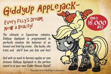 advertisement blonde_hair cutie_mark duo eyes_closed female feral freckles hair hug machine pigtails text young young_feral pixelkitties fallout friendship_is_magic hasbro microsoft my_little_pony apple_bloom_(mlp) applejack_(mlp) earth_pony equid equine giddyup_buttercup_(fallout) horse mammal pony robot 3:2 crossover english_text