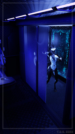 anthro augmented cybernetics cyberpunk detailed_background female machine mirror neon_lights science_fiction shower solo synthetic the_dark_skull android canid canine canis cyborg jackal mammal robot 3d_(artwork) 9:16 blender_(artwork) digital_media_(artwork) hi_res