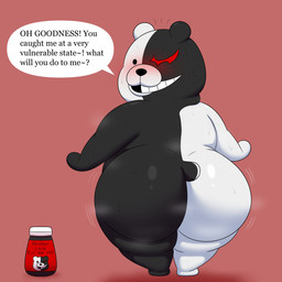 anthro big_butt black_body black_ears black_eyes black_fur black_nose black_tail blush bottle butt container fur genetic_chimerism heterochromia huge_butt looking_at_viewer looking_back lube lube_bottle male mismatched_ears motion_lines multicolored_body multicolored_fur musk obese obese_anthro obese_male overweight overweight_anthro overweight_male red_background red_eyes simple_background smile solo speech_bubble standing tail teeth text thick_thighs two_tone_body two_tone_fur two_tone_tail white_body white_ears white_fur white_tail colossalstars danganronpa spike_chunsoft monokuma bear mammal 1:1 2023 absurd_res digital_media_(artwork) english_text hi_res