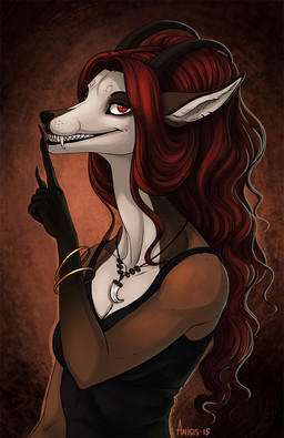 anthro black_lips bracelet breasts brown_hair clothed clothing female hair horn jewelry lips long_hair looking_at_viewer necklace red_eyes sharp_teeth shirt simple_background solo tank_top teeth topwear anisis canid canine hybrid mammal 2015