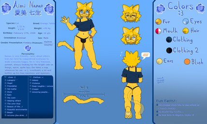 anthro blue_background blue_eyes blush bra bulge butt clothed clothing crop_top expressions eyewear femboy fur glasses hair legwear male navel pantsless pawpads shirt simple_background solo sports_bra tail text thigh_highs thong topwear tuft underwear yellow_body yellow_fur aimi_nanao_(artist) aimi_nanao english_text hi_res model_sheet