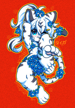 ambiguous_gender anthro blush butt butt_grab claws covered_anus covered_nipples covered_penis flower flower_bikini fur furry_tail hair hand_on_butt jewelry nails nude otokonoko pawpads pendant plant ponytail red_background short_hair short_stack shy simple_background solo striped_body striped_fur stripes tail text tiger_ears toe_claws koud3x taigaxholic felid mammal pantherine tiger japanese_text