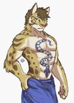 5_fingers abs anthro black_eyebrows brown_hair claws clothed clothing countershading eyebrows fingers fur hair looking_at_viewer male muscular muscular_anthro muscular_male pecs simple_background solo spots standing tattoo topless towel towel_only white_background yellow_eyes byowt nekojishi studio_klondike likulau clouded_leopard felid mammal pantherine 2018 hi_res