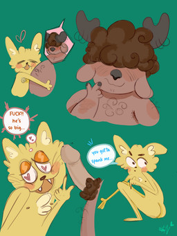 anthro armpit_hair belly body_hair chest_hair comparing duo embarrassed femboy genitals hairy horn horn_jewelry horn_ring jewelry male male/male penis profanity pubes pupils ring_(jewelry) shy size_difference size_play slightly_chubby slit_pupils text shnuucks canid canine cervine deer domestic_cat elk felid feline felis fox humanoid mammal 3:4 english_text
