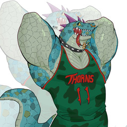 anthro basketball_uniform bodily_fluids bottomwear clothed clothing drooling facial_piercing forked_tongue green_body green_clothing green_scales hands_behind_back head_spikes male muscular muscular_arms neck_piercing nose_piercing nose_ring open_mouth pecs piercing purple_spikes raised_arms ring_piercing saliva saliva_string scales sharp_teeth shirt shorts simple_background solo spikes spikes_(anatomy) sportswear tail tank_top teeth tongue tongue_out tongue_piercing topwear uniform white_background yellow_sclera acerookiezz goat_(movie) sony_corporation sony_pictures modo_olachenko komodo_dragon lizard monitor_lizard reptile scalie 1:1 2026 digital_media_(artwork) half-length_portrait hi_res portrait signature