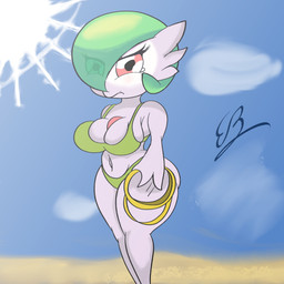 anthro beach big_breasts blush breasts clothed clothing eyewear female goggles hair hair_over_eye markings not_furry pointy_ears red_eyes simple_background solo suntan tan_line tan_markings tanned tanned_skin wide_hips eddiebrije nintendo pokemon gaba_(melfunnysmell) gardevoir generation_3_pokemon pokemon_(species) 1:1 absurd_res hi_res