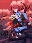 aatrox_(lol) bloodmoon blue_body blue_skin colored_nails darkin demon detailed_background evelynn_(lol) hair hi_res humanoid kalista_(lol) kekpafrany league_of_legends makeup male mirror nails paint pink_tree plant pyke_(lol) riot_games rock silhouette sivir_(lol) tencent tree white_hair