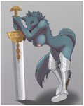 2022 anthro areola armor armored_boots big_breasts blaidd_(elden_ring) border breasts canid canine canis crossgender elden_ring eyebrows eyelashes female fromsoftware fur fuzzy_crotch grey_background grey_body grey_fur hanging_breasts hi_res leg_armor looking_at_viewer mammal melee_weapon mostly_nude nipples pink_areola pink_nipples purple_eyes simple_background solo sword weapon white_border wolf xan_(pixiv)