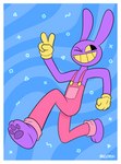 abstract_background anthro barefoot border clothed clothing feet gesture gloves hand_gesture handwear looking_back male one_eye_closed overalls paws purple_body running simple_background smile solo teeth v_sign white_border wink yellow_eyes fencydregin glitch_productions the_amazing_digital_circus jax_(tadc) lagomorph leporid mammal rabbit hi_res