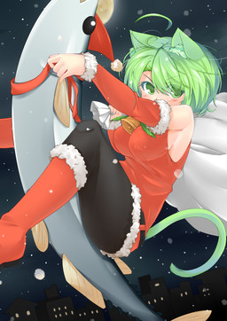 ahoge armwear bell black_clothing black_legwear blush breasts cat_tail clothed clothing detached_sleeves duo female full_moon green_eyes green_hair hair holding_object holidays legwear moon night outside pantyhose ribbons riding sack short_hair sky snow snowing solo_focus star starry_sky straddling tail dodome-iro_mayonnaise christmas sharon_(dodomayo) animal_humanoid aquatic cat_humanoid felid felid_humanoid feline feline_humanoid fish humanoid mammal mammal_humanoid absurd_res digital_media_(artwork) hi_res
