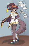 after_transformation anthro blush breasts cape clothing dialogue female footwear hat headgear headwear offscreen_character shoes simple_background solo standing surprise text witch_hat runningtoaster beastars konosuba:_god's_blessing_on_this_wonderful_world! juno_(beastars) megumin_(konosuba) canid canine canis mammal wolf 5:8 english_text hi_res