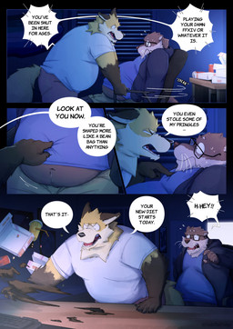 anthro chair computer dialogue duo electronics eyewear food furniture glasses male on_chair sitting sitting_on_chair speech_bubble text whiskers foxinthefridge fridgey_(foxinthefridge) canid canine fox mammal mustelid otter absurd_res comic english_text hi_res