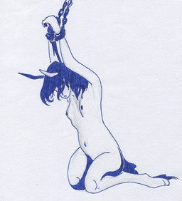 anthro bound breasts chain chained female hooves mane nude nude_anthro simple_background sitting solo tail unguligrade adeptus-monitus monochrome traditional_media_(artwork)
