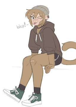 anthro bandage clothing ear_piercing ear_ring female footwear hoodie knit_hat looking_at_viewer one_eye_closed piercing ring_piercing shoes short sitting sneakers solo tail topwear wink winking_at_viewer 427deer haplorhine mammal monkey primate absurd_res hi_res