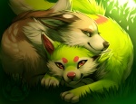 all_fours ambiguous_gender brown_body brown_fur cuddling duo female feral fluffy fluffy_tail fur grass green_body green_eyes green_fur looking_at_viewer lying on_front pink_nose plant red_eyes sparklefur tail falvie falvie_(character) canid fionbri mammal digital_media_(artwork)