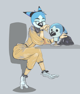 ambiguous_gender anthro beak clothing devious_grin footwear key latex latex_clothing latex_footwear latex_mask mask multicolored_body smile solo white_latex yellow_latex owy owy_(character) avian bird owl hi_res