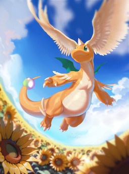 flower flying male plant sky solo sunflower purrynx queenpurr nintendo pokemon generation_9_pokemon mega_dragonite mega_evolution pokemon_(species)