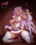 abs bbc-chan boots breasts cleavage clothed clothing dark_body dark_skin elf female footwear genitals hair hi_res humanoid humanoid_pointy_ears legwear long_hair looking_at_viewer melee_weapon midriff no_underwear not_furry pirotess purple_hair pussy record_of_lodoss_war skimpy solo sword thigh_boots thigh_highs weapon white-devil
