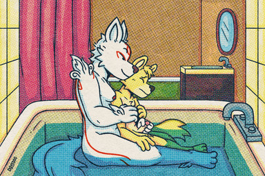 age_difference anthro bath bathtub bathtub_sex ben_day_dots breasts duo erection eunuch female foreskin genitals handjob in_bathtub male male/female older_female penile penis sex tattoo young young_anthro young_male younger_male dovedog asian_mythology capcom east_asian_mythology japanese_mythology mythology okami_(capcom) amaterasu_(okami) canid canine canis mammal wolf hi_res