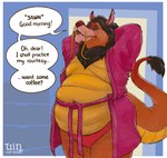 anthro belly big_belly clothed clothing dialogue ears_up eye_scar eyes_closed facial_hair facial_scar fangs fur hands_behind_head long_mustache male mane mustache notched_ear open_clothing open_mouth open_robe overweight overweight_anthro overweight_male pink_clothing pink_robe raised_tail red_clothing red_underwear robe scales scar slightly_chubby slightly_chubby_anthro slightly_chubby_male solo speech_bubble tail tail_tuft teeth text tuft underwear yawn dragontzin disney mulan_(1998) mythology the_lion_king mushu_(disney) scar_(the_lion_king) scarshu dragon eastern_dragon felid hybrid lion mammal mythological_creature mythological_scalie pantherine scalie 2023 english_text hi_res signature