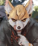 anthro brown_body brown_fur clothing ear_piercing fur gauged_ear hoodie licking licking_lips looking_at_viewer male mask open_mouth orange_eyes outside piercing pulling_down_mask simple_background solo tan_body tan_fur teeth tongue topwear white_body white_fur sudavka puck_(puckfennec) canid canine fennec_fox fox mammal true_fox absurd_res hi_res