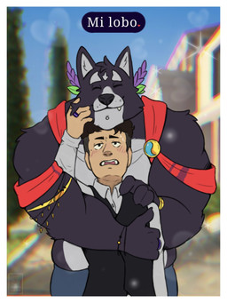 anthro blush clothing collared_shirt duo facial_piercing fur grey_body grey_fur hug hugging_another hugging_from_behind lip_piercing male male/male muscular piercing ring ring_(jewelry) shirt size_difference text topwear vest mementomorioow adastra adastra_(series) echo_project amicus_(adastra) canid canine canis human mammal wolf 3:4 hi_res spanish_text