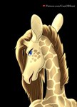 anthro blue_eyes brown_hair female hair horn looking_at_viewer open_mouth patreon_logo patterned_fur simple_background smile solo text drake_drachenlicht patreon giraffe giraffid mammal alpha_channel digital_media_(artwork) hi_res url