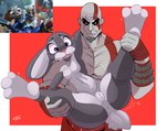 2024 3_toes anthro anus bodily_fluids breasts chain disney duo eye_scar facial_scar featureless_breasts feet female fr4annx fur genitals god_of_war grey_body grey_fur hi_res human judy_hopps kratos lagomorph leporid male male/female mammal nervous purple_eyes pussy rabbit reference_image scar scut_tail short_tail sony_corporation sony_interactive_entertainment spread_legs spreading sweat tail toes white_body zootopia