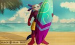 5_toes anthro bare_chest beach bottomwear clothing feet male muscular sea seaside shorts solo surfboard toes water yellow_bottomwear yellow_clothing yellow_shorts blackbear epic_games fortnite axo_(fortnite) amphibian axolotl marine mole_salamander salamander 2023