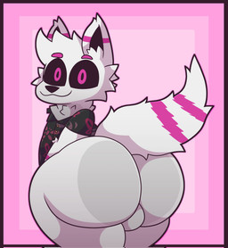 anthro backsack balls big_butt biped black_clothing black_nose black_sclera black_shirt black_topwear bottomless bottomless_anthro bottomless_male butt cheek_tuft closed_smile clothed clothing eyebrows facial_tuft fur fur_tuft genitals huge_butt huge_thighs looking_at_viewer looking_back looking_back_at_viewer magenta_eyes male markings mouth_closed multicolored_body multicolored_fur shirt smile solo striped_markings striped_tail stripes tail tail_markings thick_thighs topwear tuft white_body white_fur tunemon canid mammal hi_res