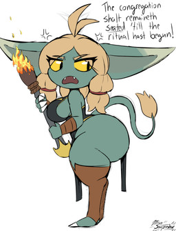 anthro big_breasts big_butt black_clothing black_dress black_eyes blonde_hair bottomless breasts brown_clothing brown_legwear butt claws clothed clothing dipstick_ears dress ear_markings female freckles fur green_body grey_body grey_inner_ear hair holding_object huge_butt huge_thighs legwear looking_back multicolored_ears side_boob side_view simple_background solo tabard tail tail_tuft text thick_thighs toe_claws torch tuft white_background white_claws yellow_body yellow_clothing yellow_dress yellow_fur yellow_sclera miso_souperstar maddox_(miso_souperstar) goblin humanoid imp 2025 absurd_res english_text hi_res