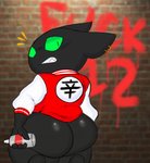 anthro black_body black_fur bottomless brick_wall butt clothed clothing delinquent ear_piercing ear_ring fur graffiti green_eyes looking_back male piercing ring_piercing solo surprise surprised_expression wall_(structure) filthyopossum cartoon_network mao_mao:_heroes_of_pure_heart sheriff_mao_mao_mao domestic_cat felid feline felis mammal hi_res