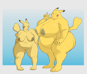annoyed anthro areola belly belly_overhang big_areola big_breasts big_butt breasts butt butt_from_the_front deep_navel dipstick_ears duo ear_markings female genitals gesture hand_gesture hand_on_hip huge_breasts huge_butt larger_female looking_at_viewer love_handles markings montgomery_glands multicolored_ears natural_breasts navel nipples obese obese_female one_eye_closed overweight overweight_female pokemorph shortstack shortstack_female size_difference smaller_female smile standing tail thick_thighs v_sign venus_figure vulva wide_hips wink yellow_body krowbutt nintendo pokemon generation_1_pokemon mammal pikachu pokemon_(species) rodent hi_res