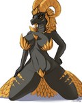 anthro black_body black_sclera breasts curvy_figure female horn kneeling looking_at_viewer navel scales simple_background smile solo white_background yellow_body yellow_eyes yellow_scales conditional_dnp paradoxing capcom monster_hunter mythology dragon elder_dragon kulve_taroth mythological_creature mythological_scalie scalie 2024 4:5 digital_media_(artwork) hi_res signature