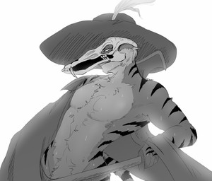 anthro antlers bodily_fluids bone bone_mask cape cape_only clothing hat headgear headwear horn male mask melee_weapon mostly_nude skull skull_mask solo striped_body stripes sweat sweatdrop sword tail tongue weapon ratwork beastars adler_(beastars) bill_(beastars) felid mammal pantherine tiger black_and_white hi_res monochrome